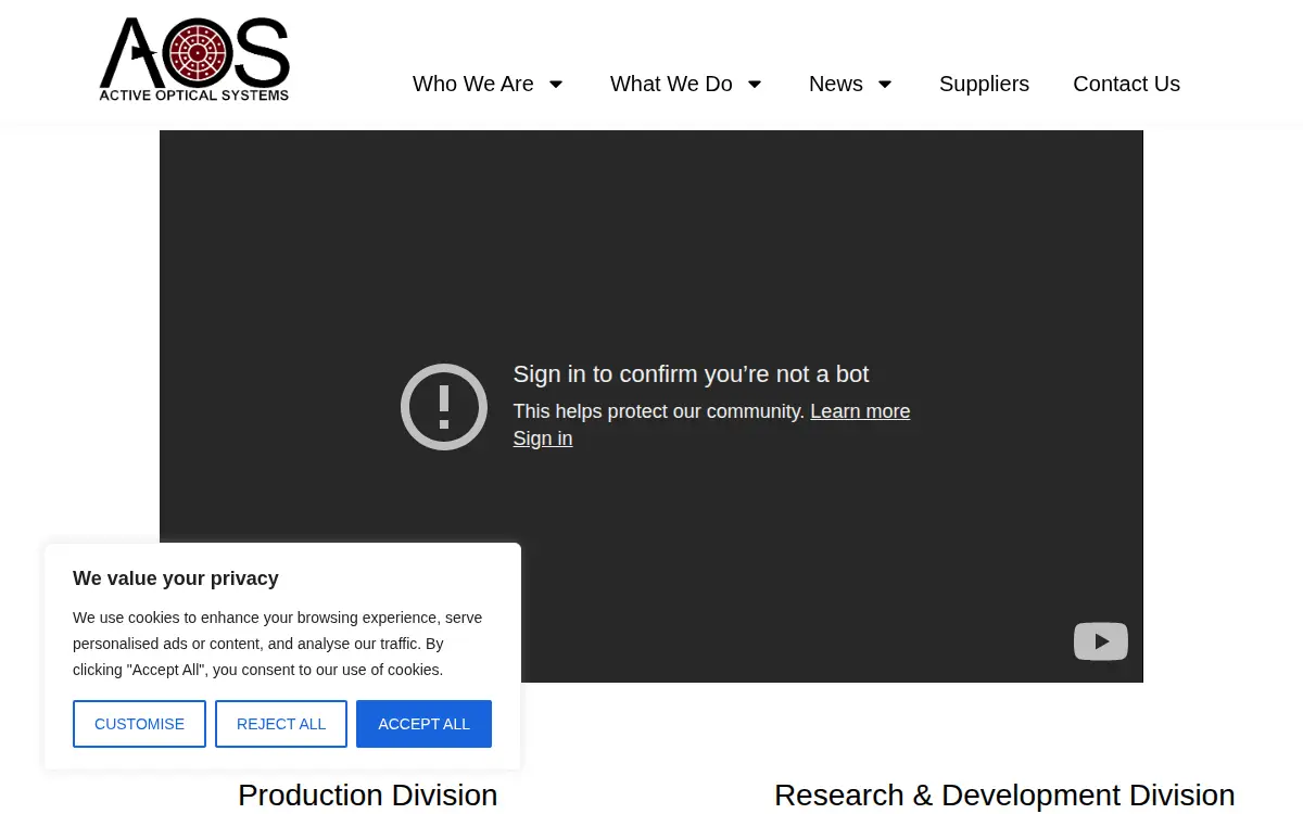 Homepage of Active Optical Systems, LLC