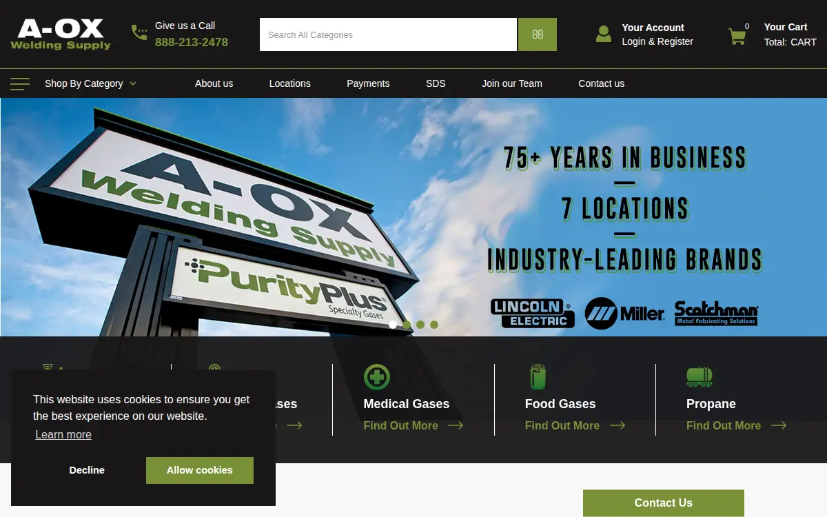 Homepage of A-ox Welding Supply, LLC