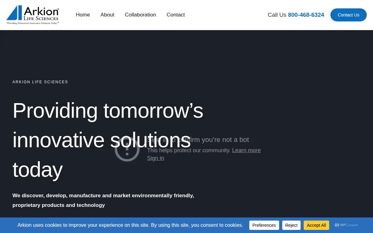 Homepage of Arkion Life Sciences LLC