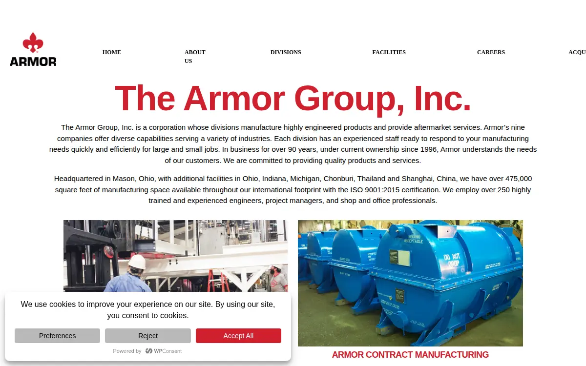 Homepage of Armor Metal Group Mason, INC.