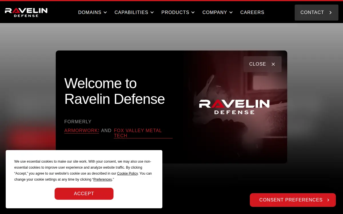 Homepage of Ravelin Defense, INC.