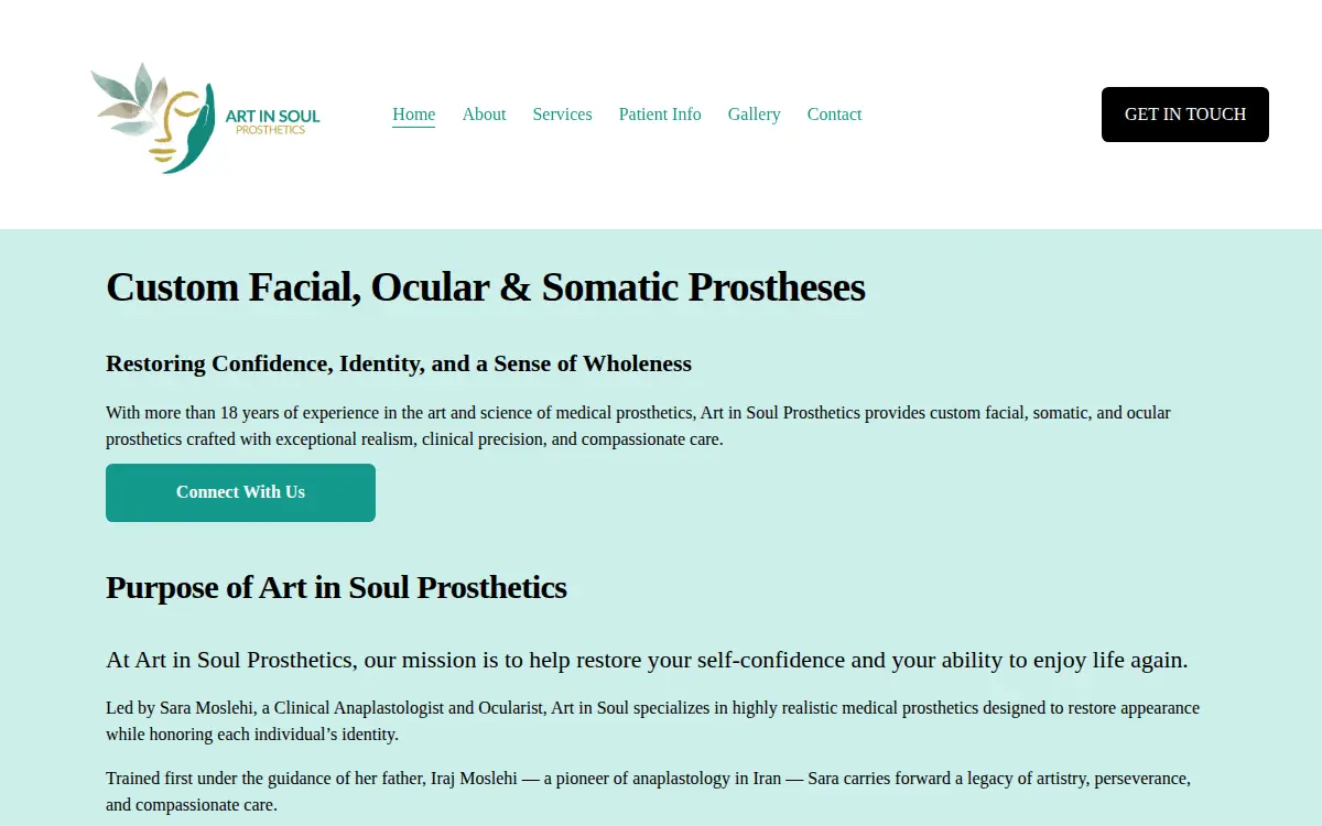 Homepage of Art in Soul Prosthetics, INC.