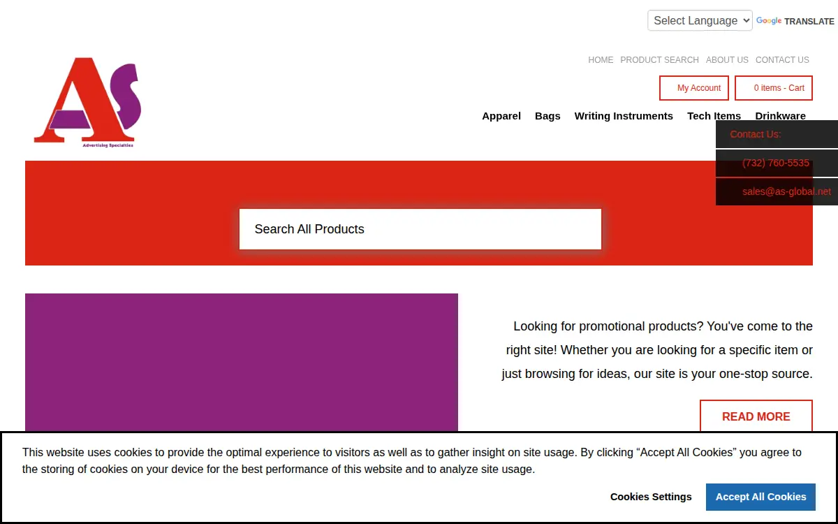 Homepage of Advertising Specialties LLC