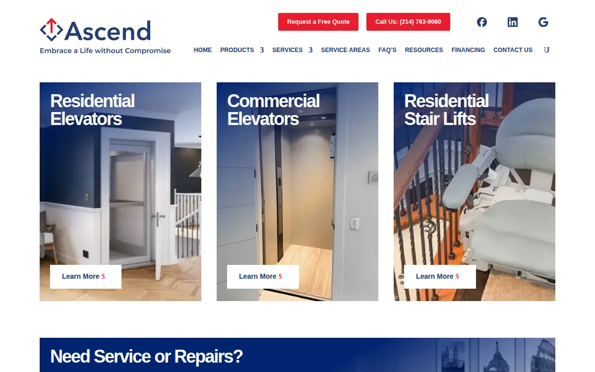Homepage of Ascend Residential Elevators LLC