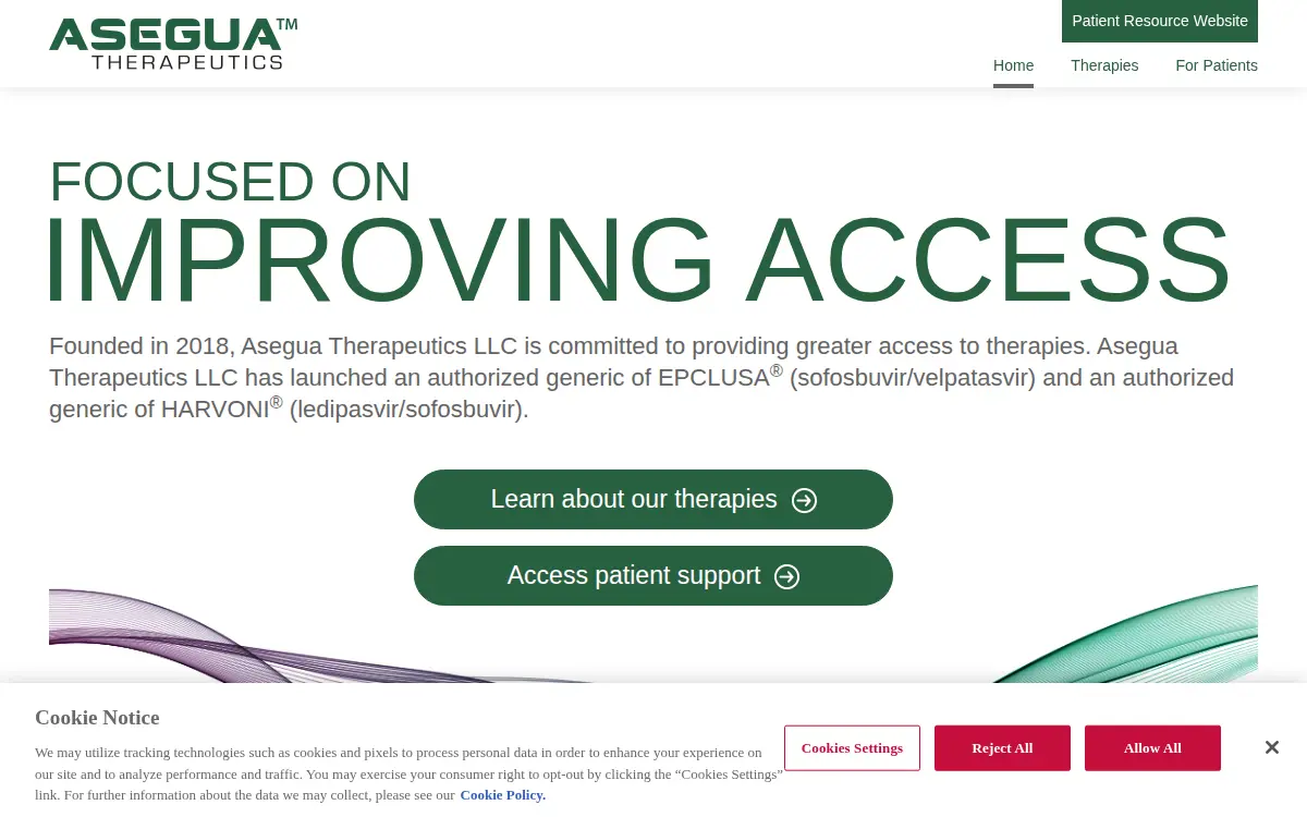 Homepage of Asegua Therapeutics LLC