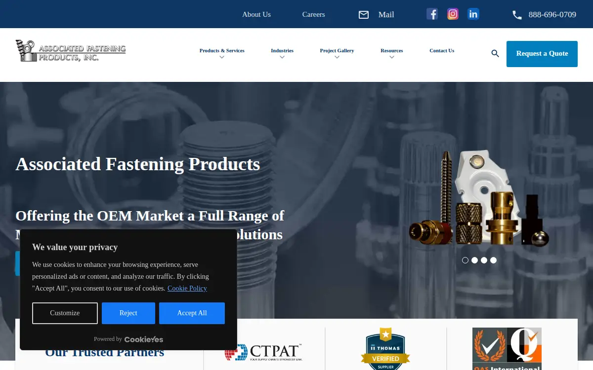 Homepage of Associated Fastening Products, INC.