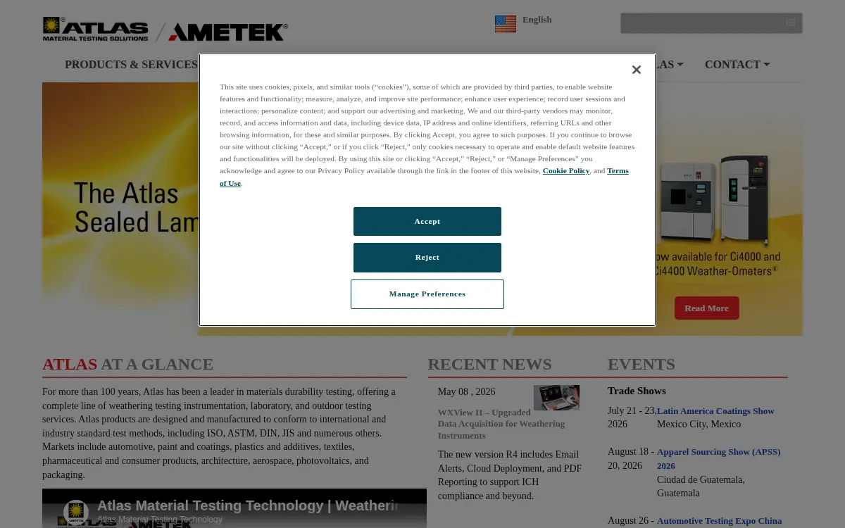 Homepage of Atlas Material Testing Technology L.l.c.