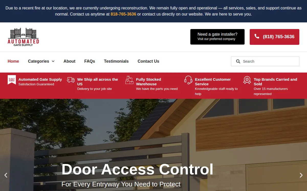 Homepage of Automated Gate Supply, INC.