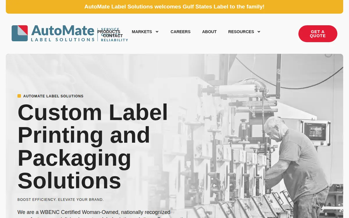 Homepage of Automate Label Solutions, LLC