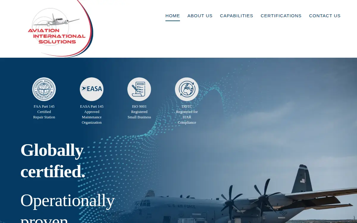 Homepage of Aviation International Solutions, LLC