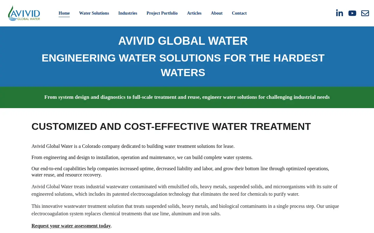 Homepage of Avivid Water Technology, LLC