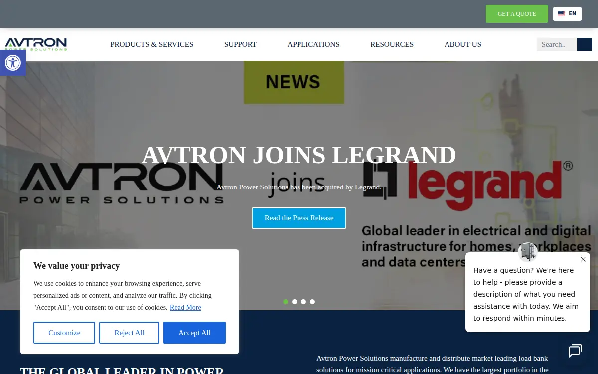 Homepage of Avtron Power Solutions, LLC