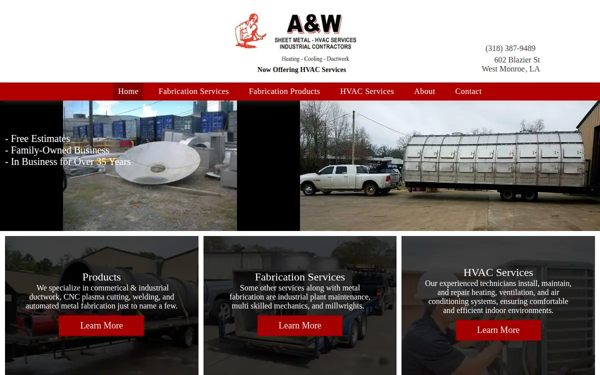 Homepage of A&w Sheet Metal and Industrial Contractors LLC