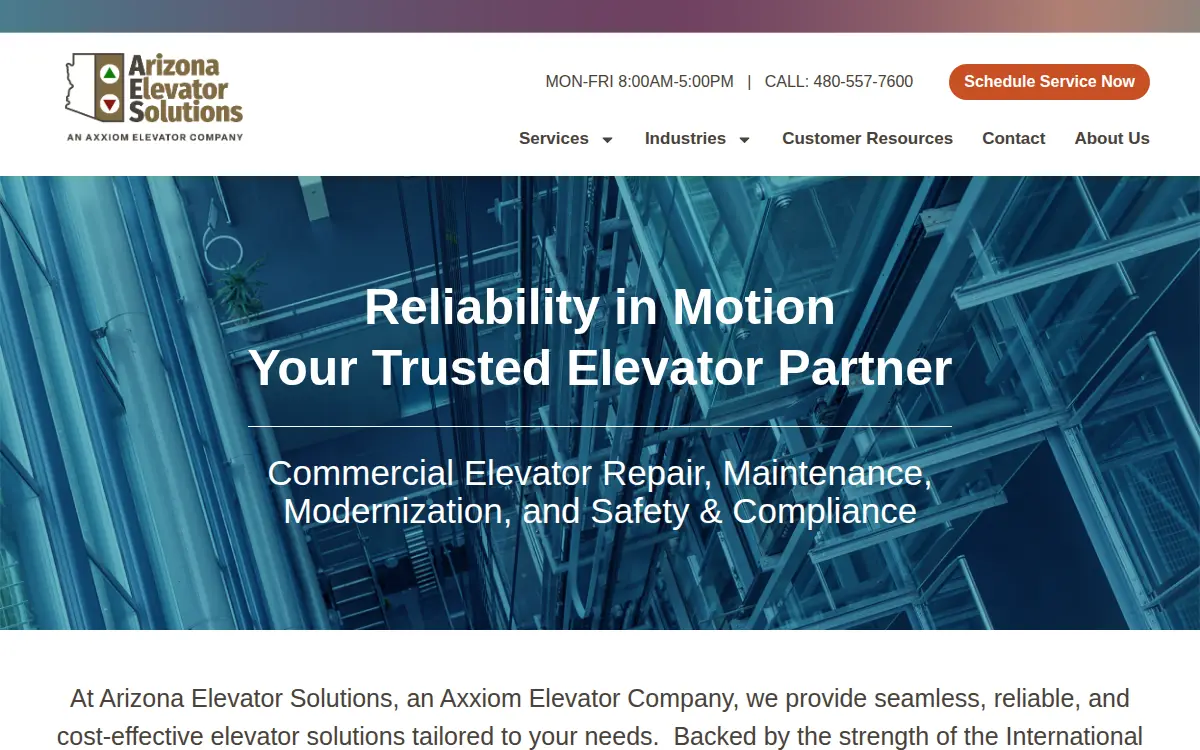 Homepage of Arizona Elevator Solutions LLC