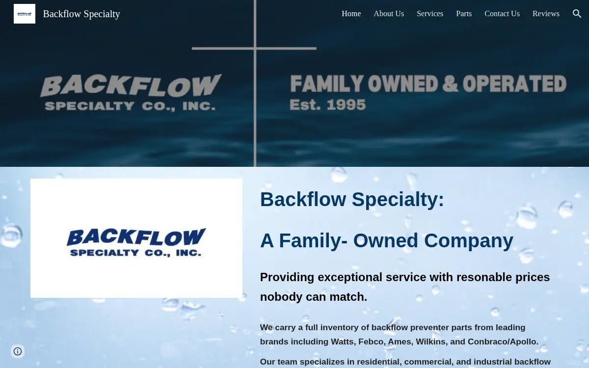 Homepage of Backflow Specialty Company, INC.
