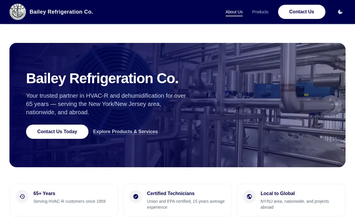 Homepage of Bailey Refrigeration Co, INC.