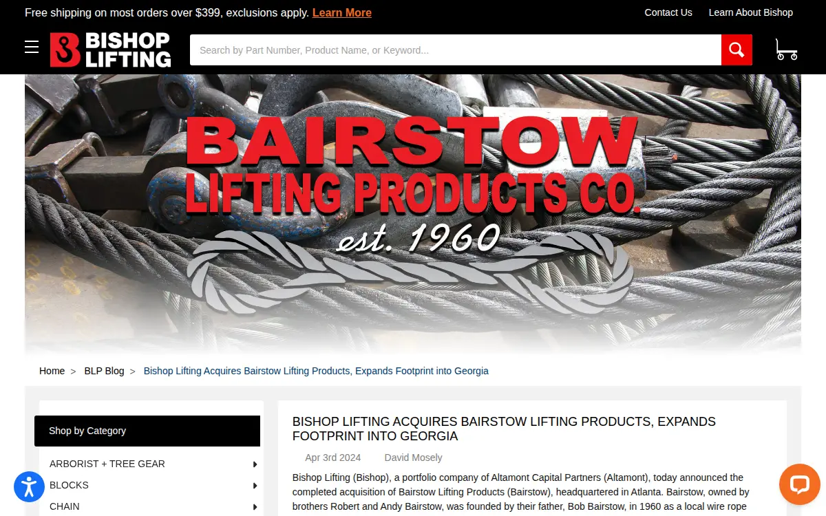Homepage of Bairstow Lifting Products, LLC