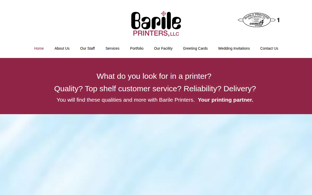 Homepage of Barile Printers, LLC