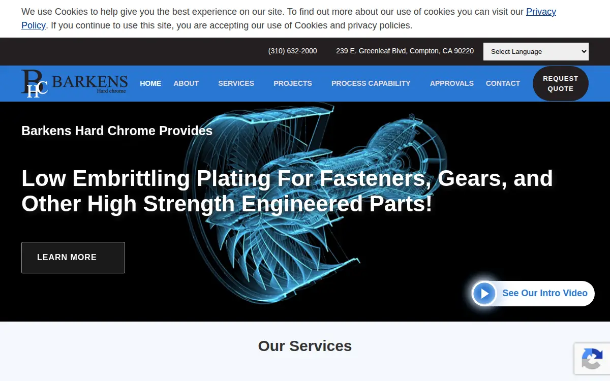 Homepage of Barken's Hardchrome, INC.