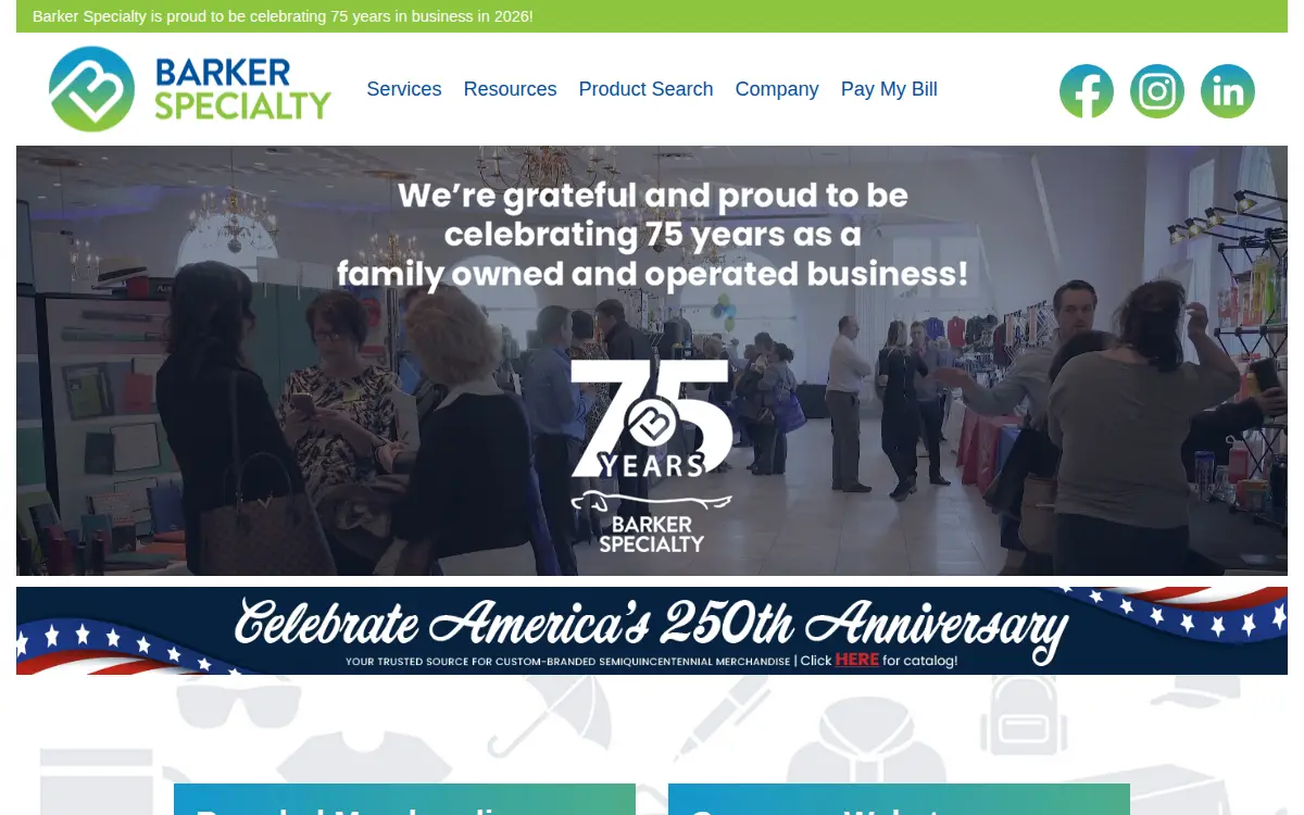 Homepage of Barker Advertising Specialty Co., INC.