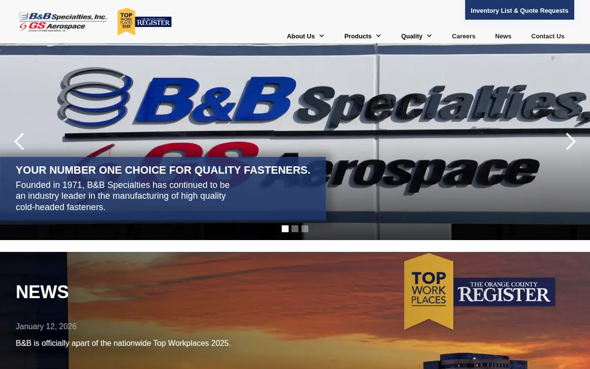 Homepage of B & B Specialties INC