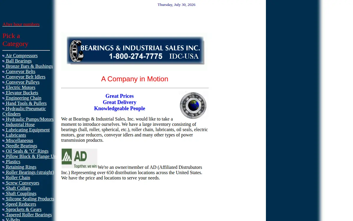 Homepage of Bearings & Industrial Sales, INC