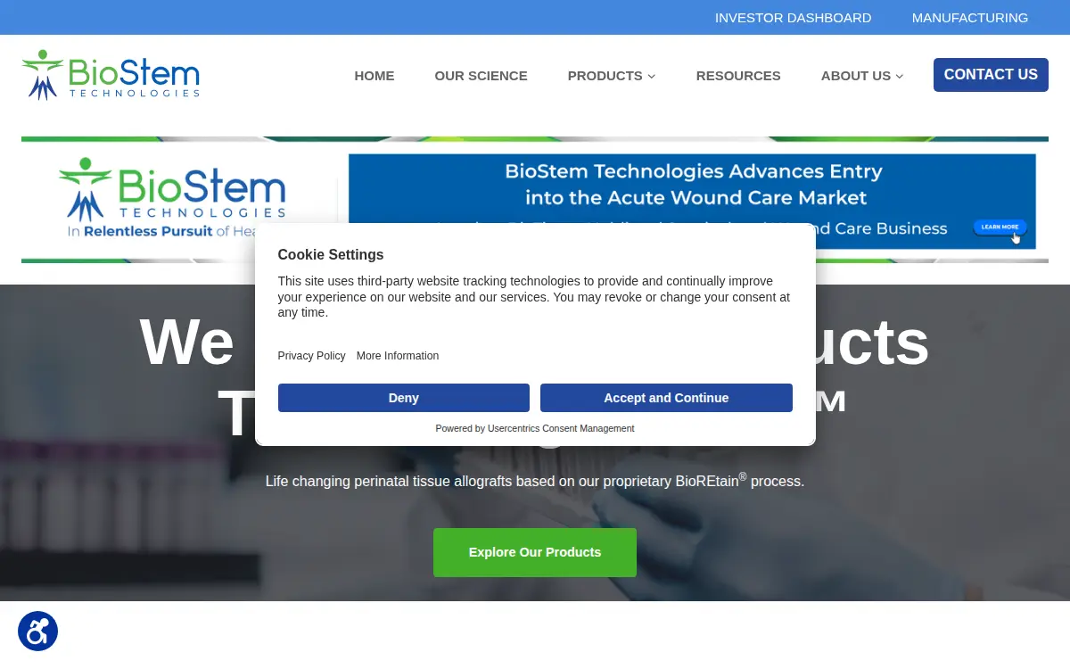 Homepage of Biostem Technologies, INC.