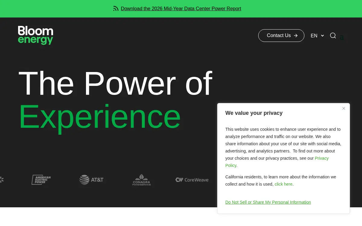 Homepage of Bloom Energy Corporation