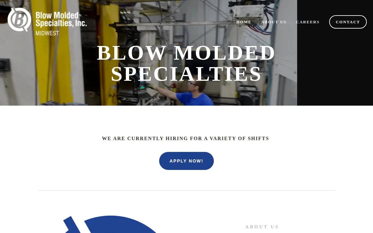 Homepage of Blow Molded Specialties, INC. Midwest
