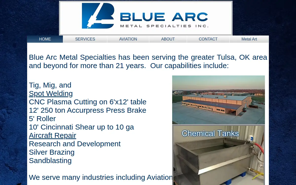 Homepage of Blue Arc Metal Specialties, INC.