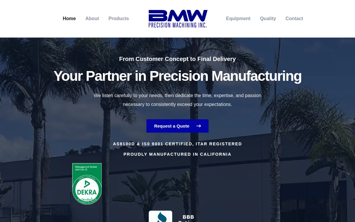 Homepage of B.m.w. Precision Machining, INC.