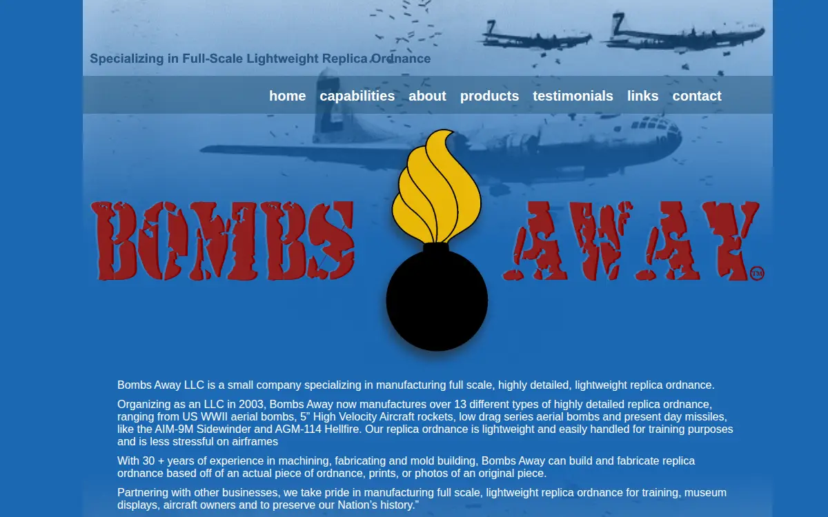 Homepage of Bombs Away LLC