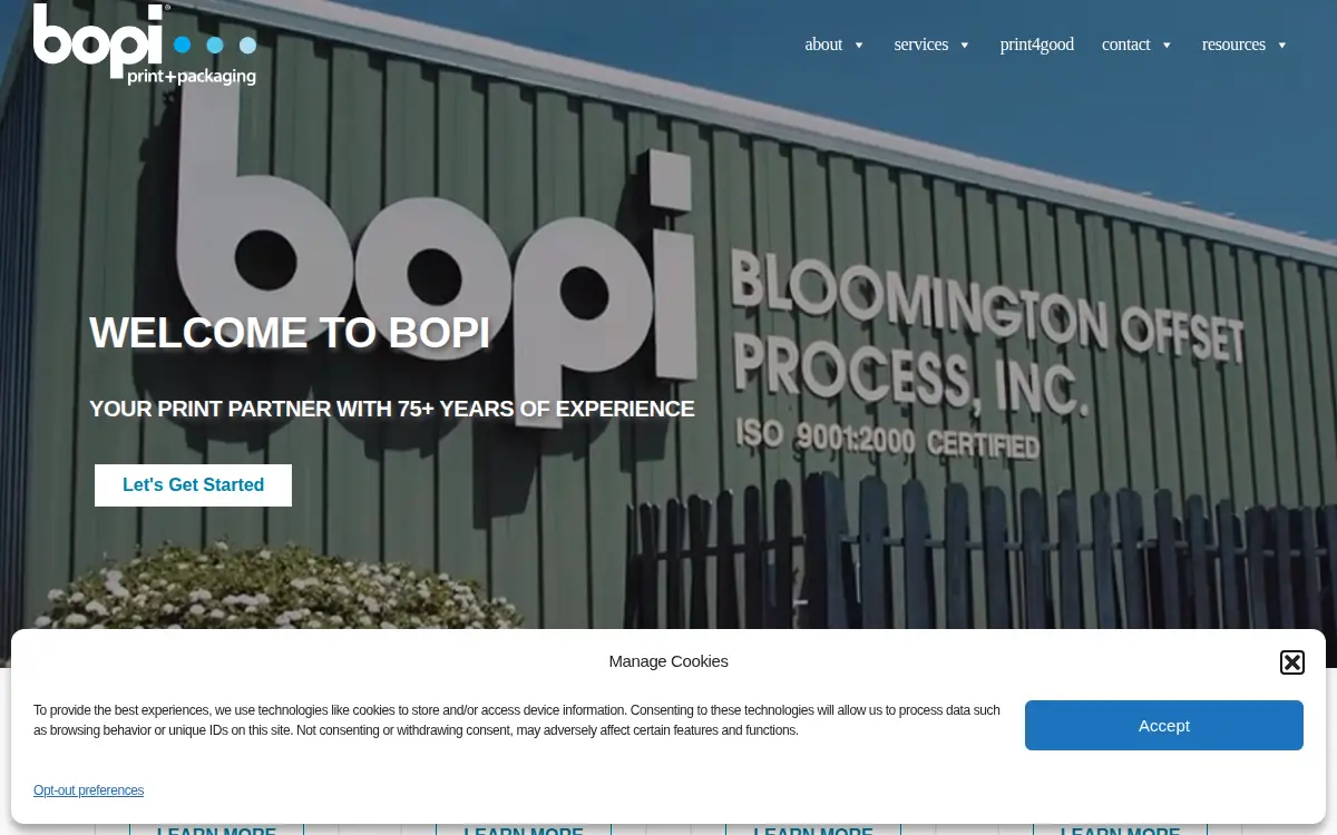 Homepage of Bloomington Offset Process, INC.