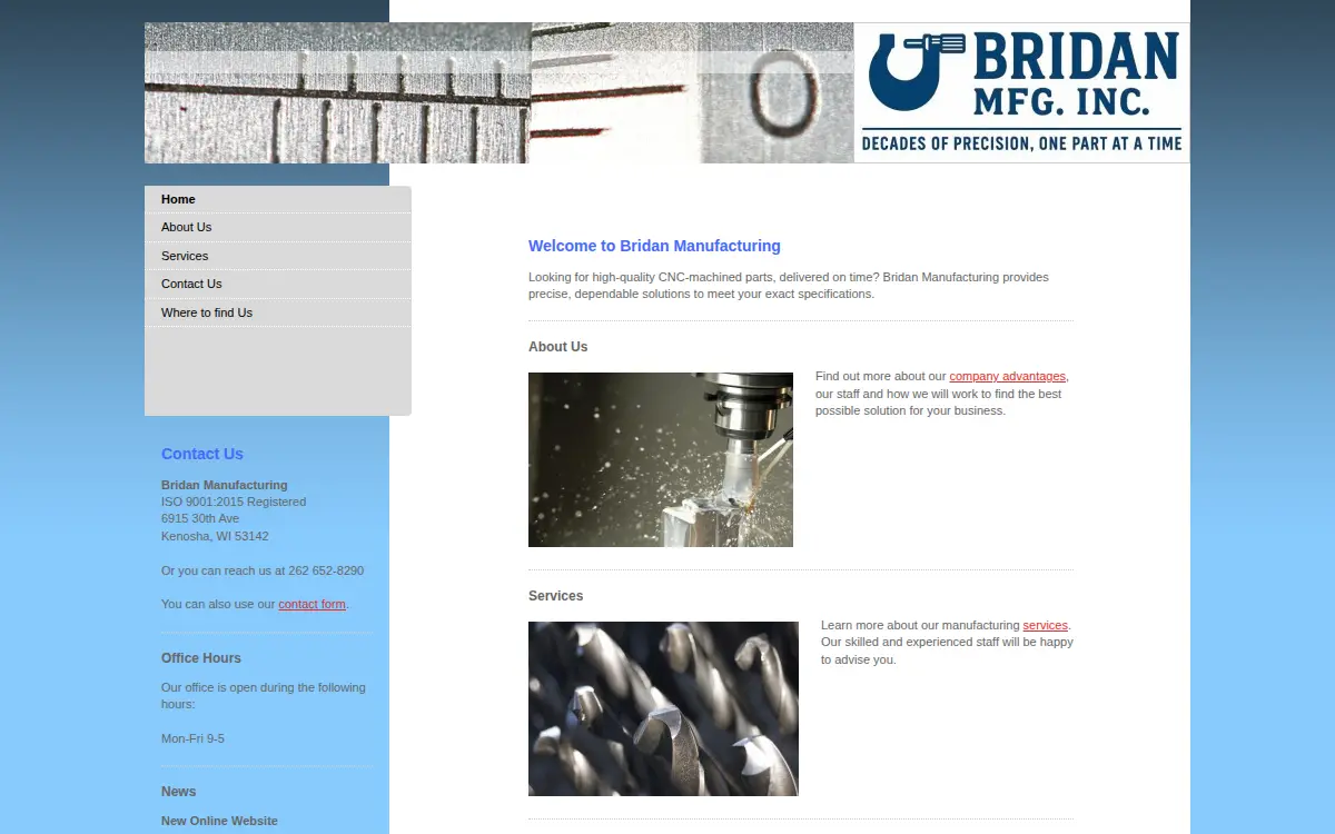Homepage of Bridan Mfg INC