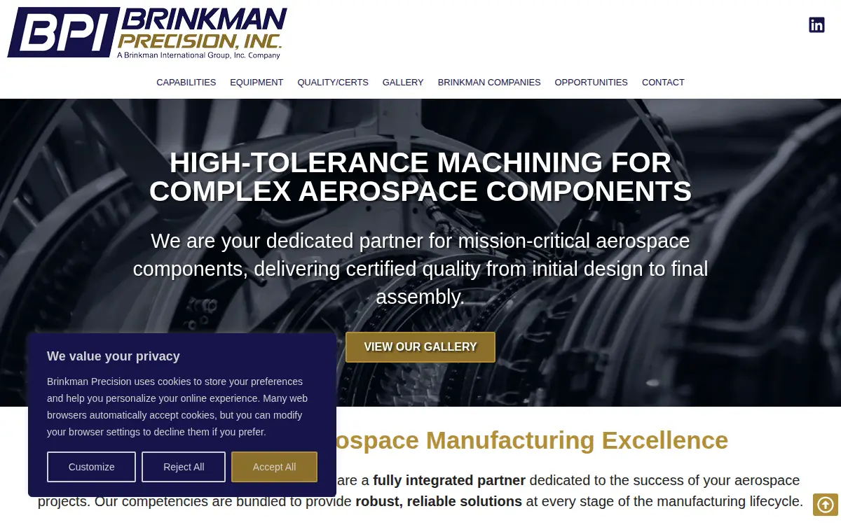 Homepage of Brinkman Precision, INC