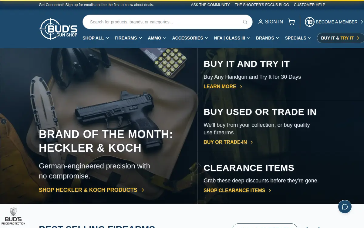 Homepage of Budsgunshop.com, LLC
