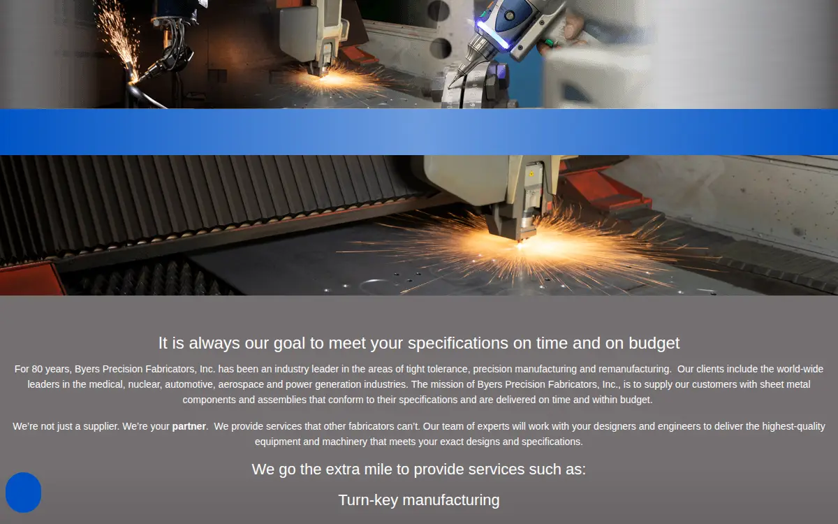Homepage of Byers Precision Fabricators, INC