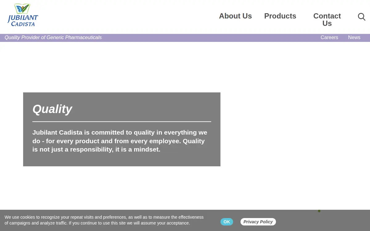 Homepage of Jubilant Cadista Pharmaceuticals INC.