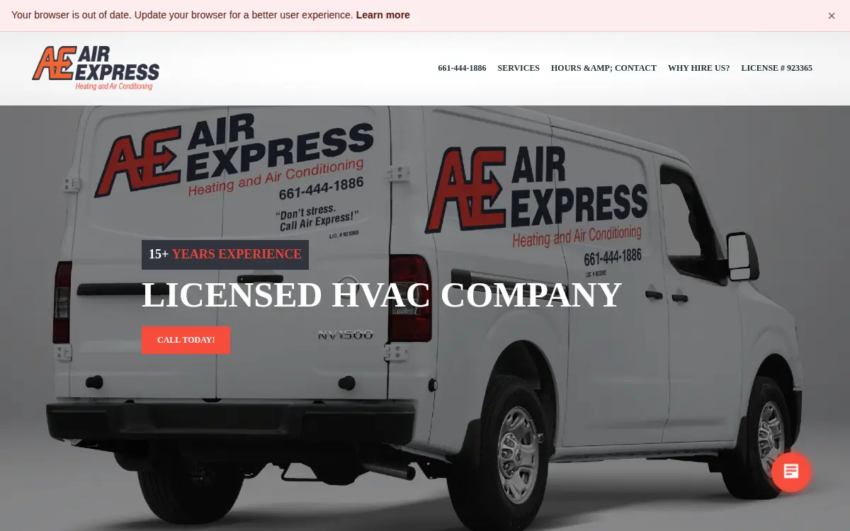 Homepage of Air Express Heating and Air INC.