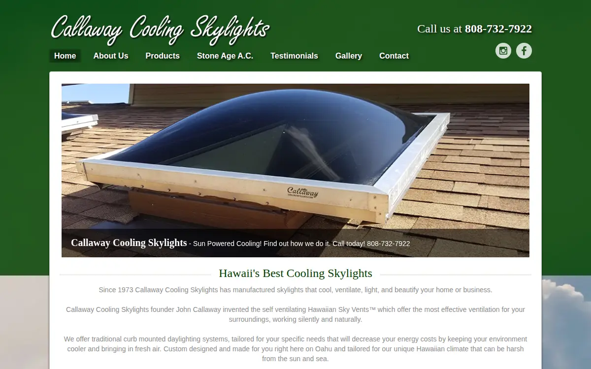 Homepage of Callaway Cooling Skylights.com, LLC