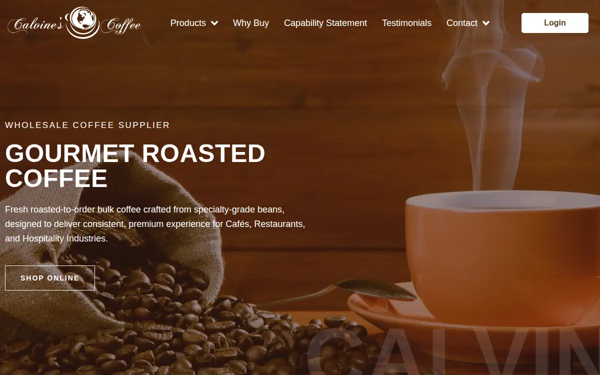 Homepage of Calvine's Coffee, INC.