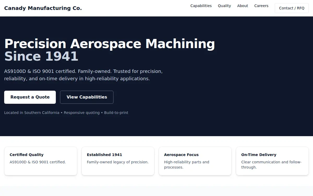 Homepage of Canady Manufacturing Co., INC.