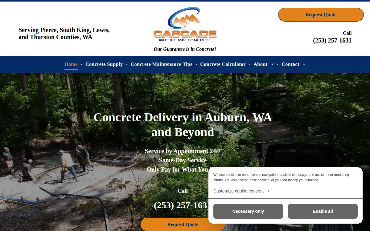 Homepage of Cascade Mobile Mix & Concrete Line Pumping LLC