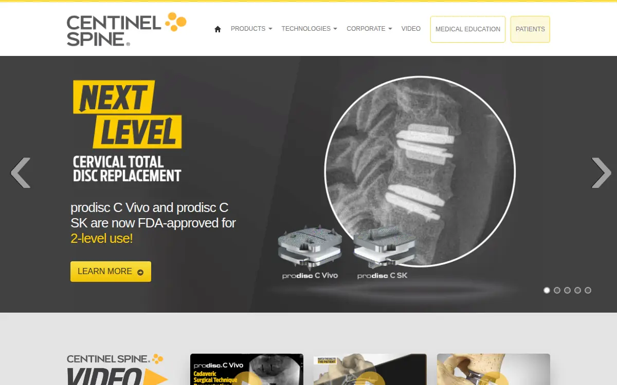 Homepage of Centinel Spine LLC