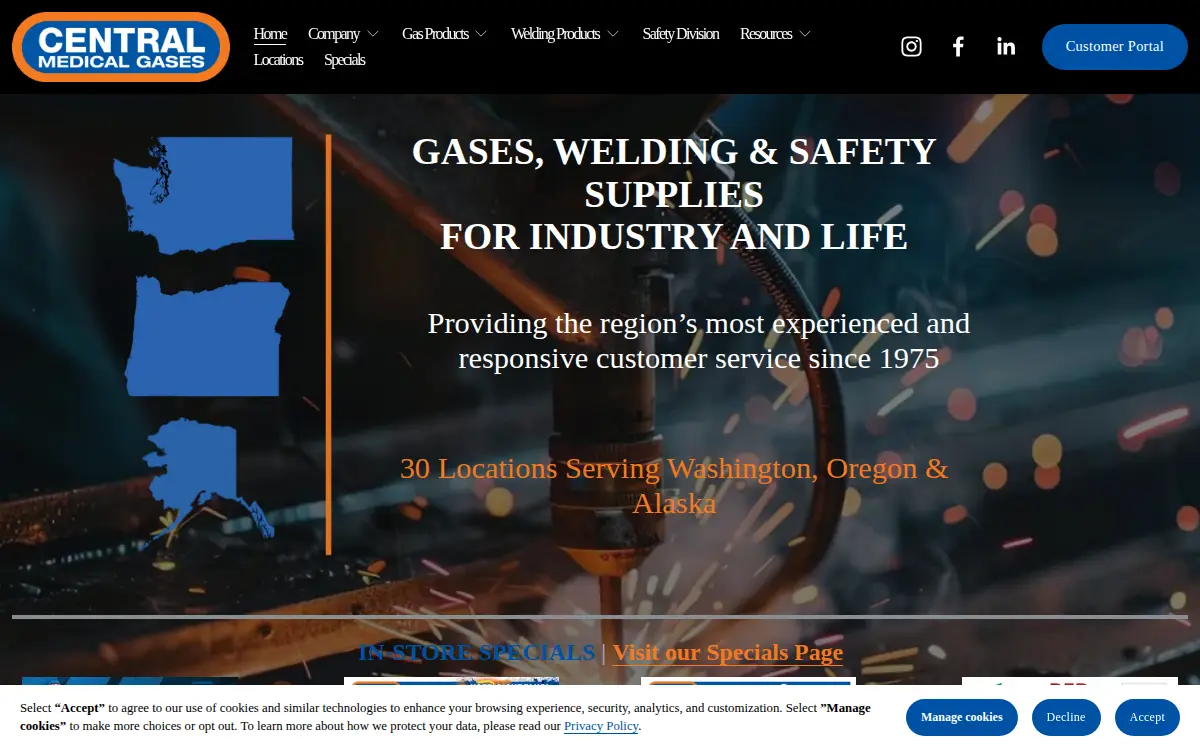 Homepage of Central Welding Supply Company