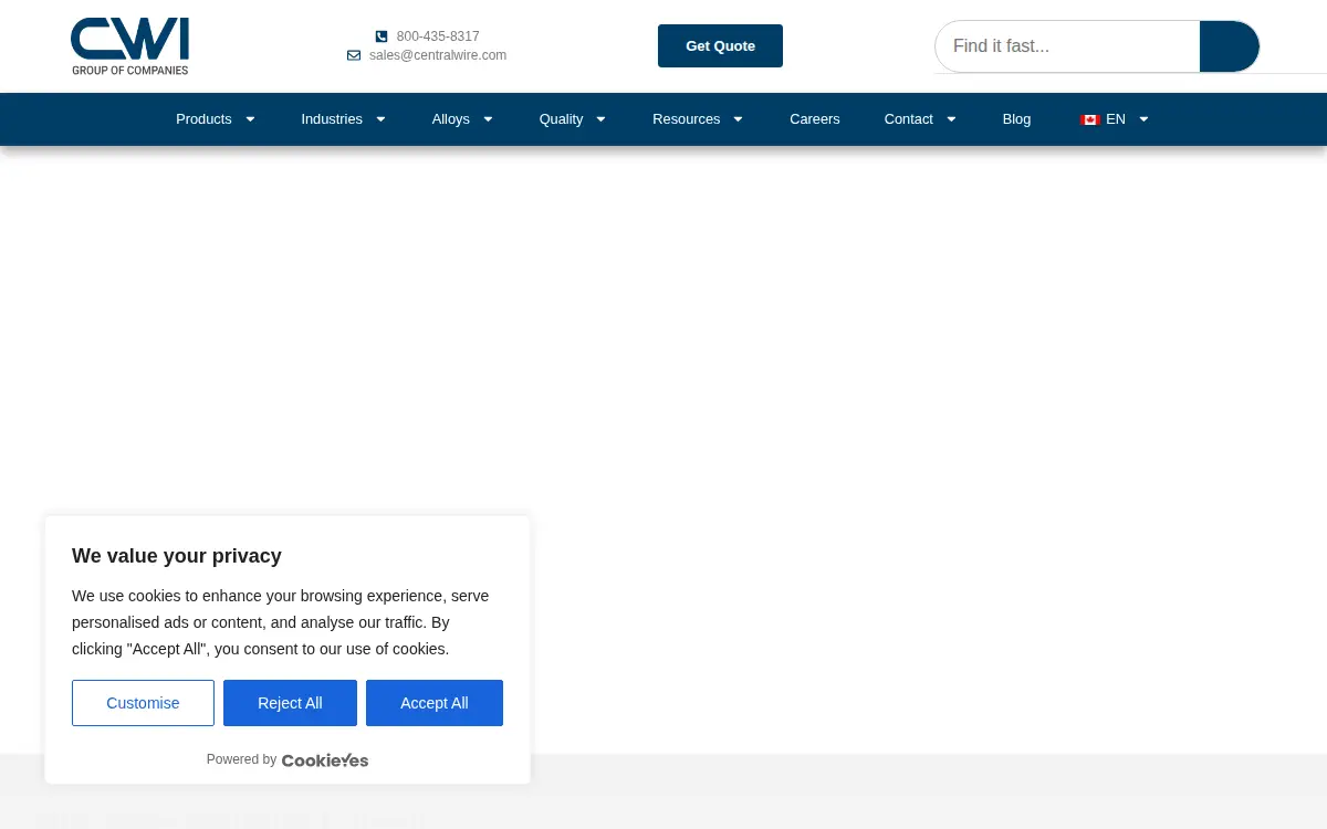 Homepage of Central Wire, INC.