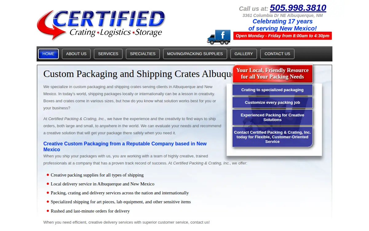 Homepage of Certified Packing and Crating INC