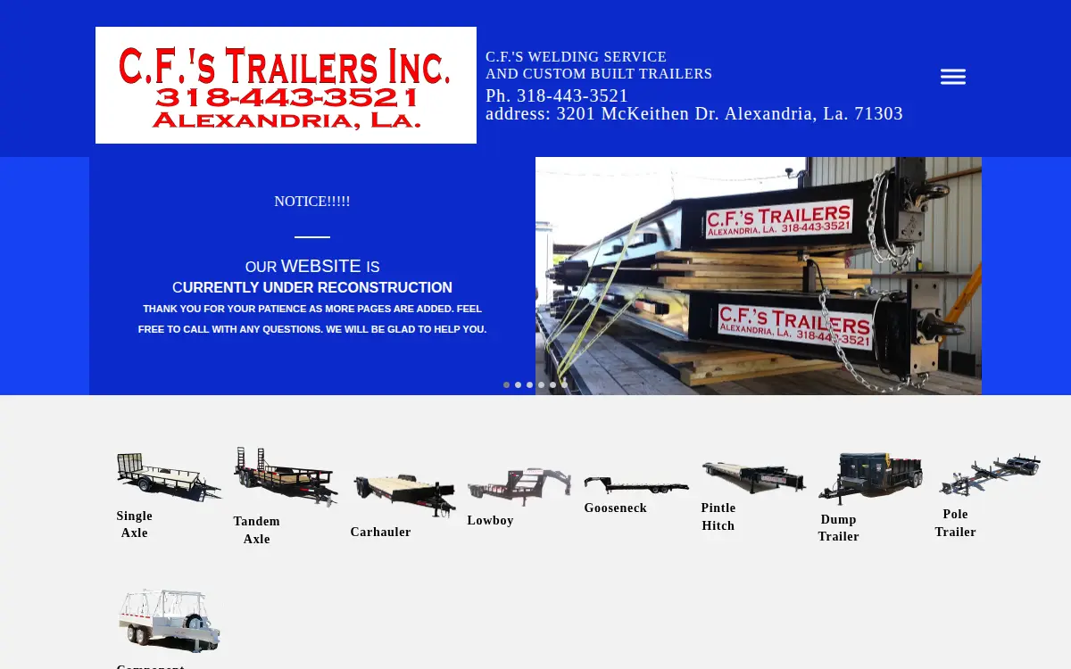 Homepage of C. F.'s Welding Service & Custom Built Trailers, INC.