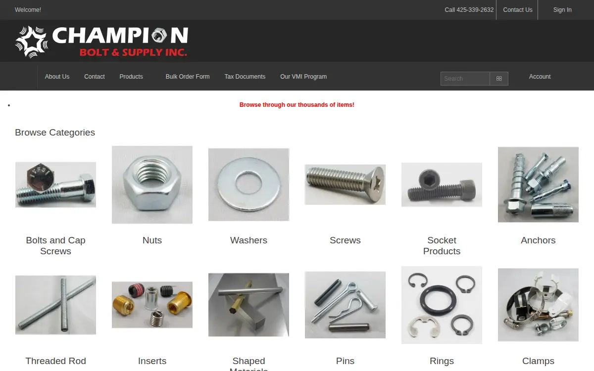 Homepage of Champion Bolt & Supply INC.