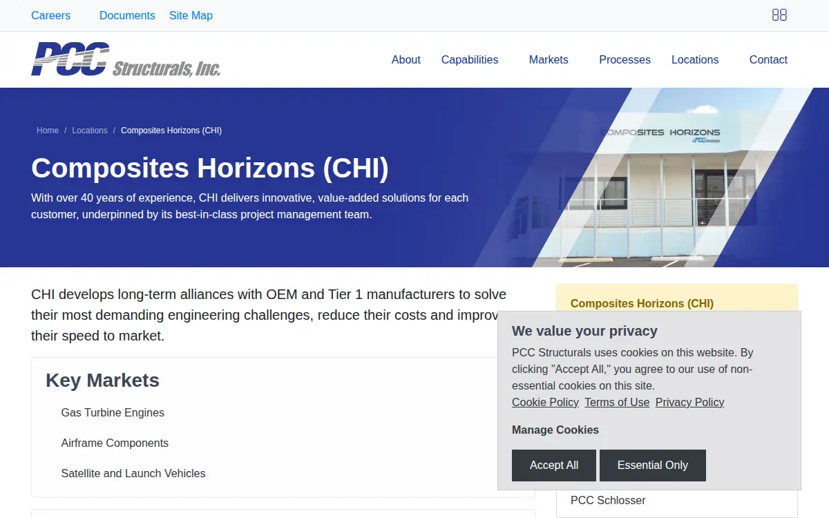 Homepage of Composites Horizons, LLC
